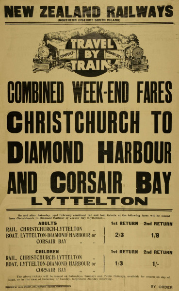 1924_Travel_by_Train_Combined_Week-end_Fares_Christchurch_to_Diamond_Harbour__Corsair_Bay_Lyttelton_NZ_Railways-poster_CMS
